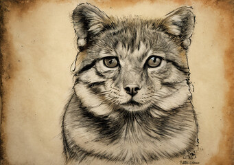 Parchment Art, drawing of a beautiful Cat - AI Generated