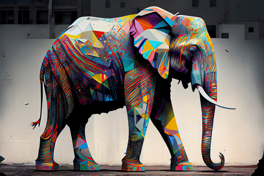 geometric pop art portrait illustration, a colorful art piece, illustration with vertebrate elephant