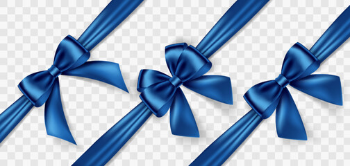 Set of satin decorative blue bows with horizontal ribbon isolated on white background. Vector blue bow and ribbon - 562649113