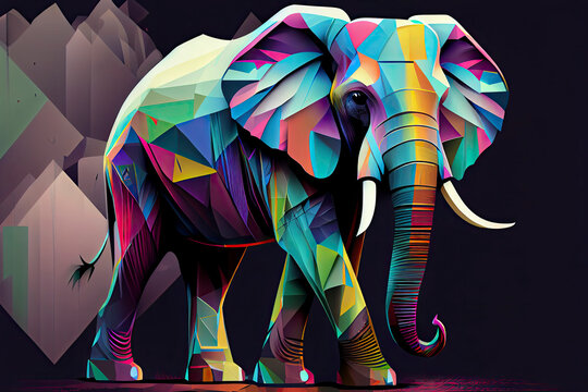 geometric pop art portrait illustration, a colorful art piece, illustration with vertebrate elephant