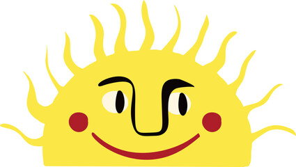 Funny sun with a lovely face. Freaky quirky sun. Vector illustration