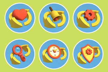 A set of 3D icons. A heart, a gear, a ball, a figurine, a clock and a magnifying glass with rotating yellow hands in a cartoon style for web design. Rendering 3D objects.