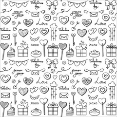 Valentines day vector seamless pattern. Doodle hand drawn illustration of cute romantic love background..