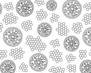 doodle pattern with honey, honeycomb, lemon, poster for a dining room, restaurant, shop, cafe, banner with vitamin healthy products on a white background drawn with black lines