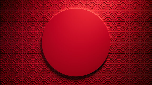 Lunar New Year Template with Circle Frame on 3D Patterned Background. Red Asian design with copy-space.
