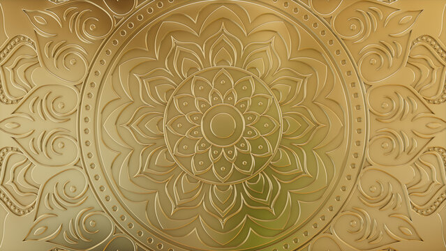 Gold Mandala Flower Wallpaper. 3D Diwali Celebration Concept. 3D Render.