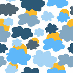 Fototapeta na wymiar Cartoon seamless sky pattern. Doodle clouds and suns. Print, textile, fabric, wrapping paper. Abstract shapes. Nature. Blue and yellow colors.