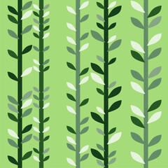 Green vertical brunches with leaves. Seamless pattern. Wrapping paper, print, textile, fabric. Modern art. Plants. Nature.