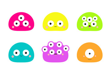 Monster face set. Cute cartoon kawaii scary funny character. Round head. Happy Halloween. Colorful silhouette. Baby collection. Different emotion. T-shirt design. Flat design. White background.