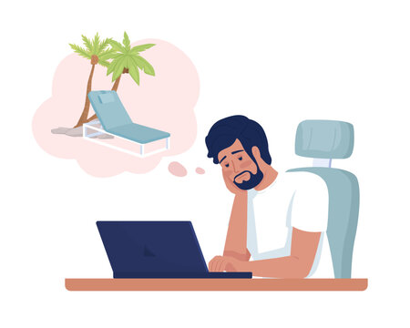 Male freelancer dreaming about vacation semi flat color vector character. Editable figure. Full body person on white. Simple cartoon style illustration for web graphic design and animation
