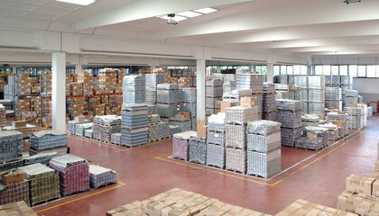 storage and shipping warehouse full of packed pallets and cartons

