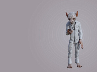White furry character in a white business suit looking at a cell phone in his hand