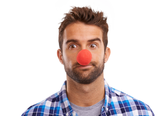 A studio shot of a handsome man wearing a red nose Isolated on a PNG background.