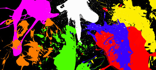 Color paint splatter. Spray paint blot element. Colorful ink stains mess. Royalty high-quality free stock of  Colored paint splashes isolated on black background. Colorful backgrounds design