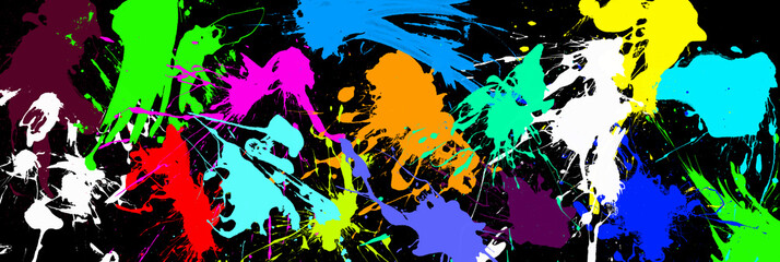 Color paint splatter. Spray paint blot element. Colorful ink stains mess. Royalty high-quality free stock of  Colored paint splashes isolated on black background. Colorful backgrounds design