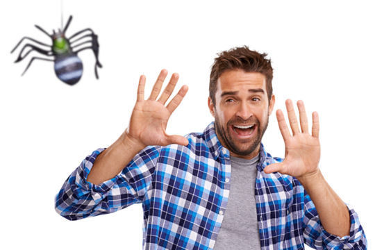 A young man cowering in terror at a spider Isolated on a PNG background.