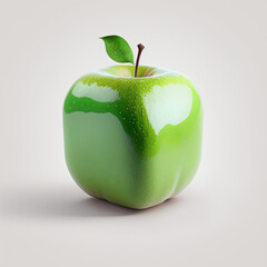 glossy green apple with green leaf white background