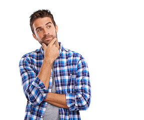 A handsome young man in deep thought Isolated on a PNG background.