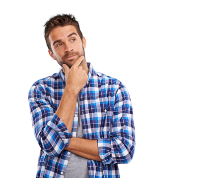 A handsome young man in deep thought Isolated on a PNG background.