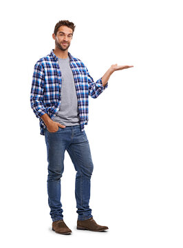 As tudio shot of a handsome man showing you copyspace Isolated on a PNG background.