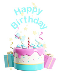 Happy birthday text with holiday elements like cake and confetti to decorate birthday greeting card. 3d rendering