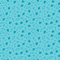 Seamless pattern with turquoise hearts and arrows in doodle style.