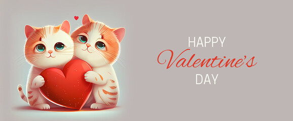Fototapeta na wymiar Banner for Valentines Day with two cute lovely kitties sitting together with red heart. Concept of love and affection, perfect for 14 of February holidays greetings. Generative AI
