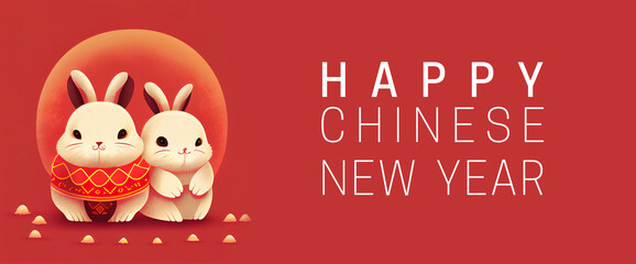 Fototapeta na wymiar Chinese New Year 2023 with adorable bunnies. Illustration with two cute rabbits on a bright red background, with 
