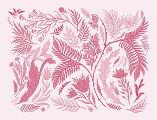 Set of floral elements. In trendy 2023 colors Viva magenta.