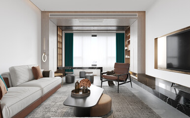 The modern luxury interior of the living room is bright and clean. 3D illustration