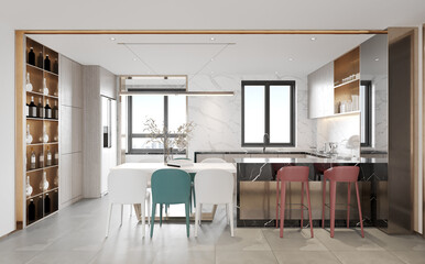 Modern Dining interior with dining table and chairs. 3D illustration