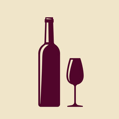 Red wine flat illustration. Stylized red wine bottle and glass on beige background. Best for logo, web, posters, print, cards, menu concept and branding design.