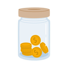 Glass jar of gold coins. Saving money concept. Hand drawn vector illustration isolated on white background, modern flat cartoon style.