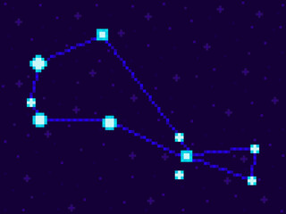 Obraz na płótnie Canvas Piscis Austrinus constellation in pixel art style. 8-bit stars in the night sky in retro video game style. Cluster of stars and galaxies. Design for application, banner and poster. Vector illustration