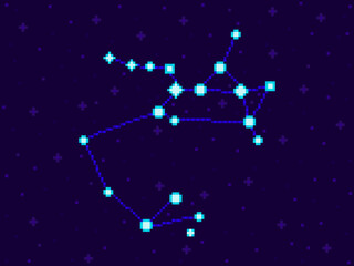 Obraz na płótnie Canvas Sagittarius constellation in pixel art style. 8-bit stars in the night sky in retro video game style. Cluster of stars and galaxies. Design for applications, banners and posters. Vector illustration