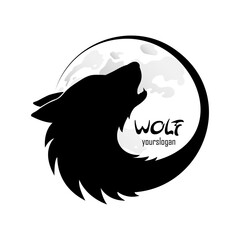 Howling wolf at the moon. Black silhouette of the head. Logo for design. © Helga