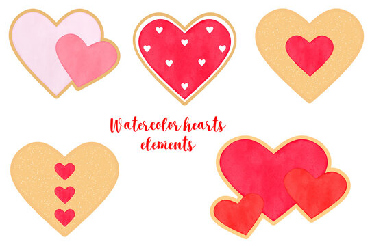 Set of watercolor hearts elements illustration graphic design on white background.