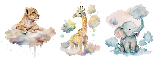 Safari Animal set elephant, giraffe and lion are sitting on the clouds in watercolor style. Isolated vector illustration - obrazy, fototapety, plakaty