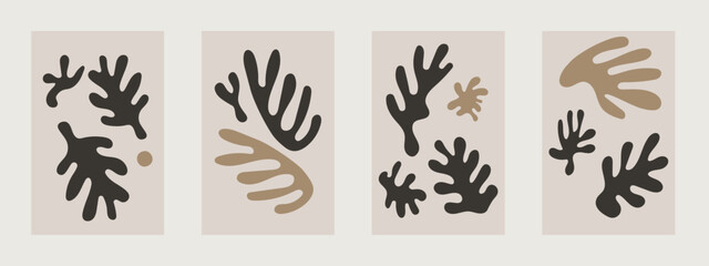 Hand drawn abstract algae and botanical leaves in the style of Matisse. Trendy organic vector illustration in earthy shades. Modern posters with dynamic shapes in vintage style.