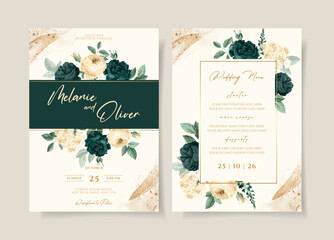 Wedding invitation template set with emerald green floral and leaves decoration - obrazy, fototapety, plakaty