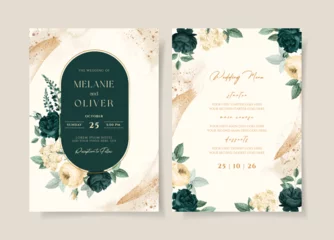 Poster Wedding invitation template set with emerald green floral and leaves decoration © aestheticpixele