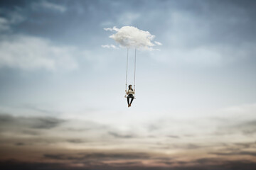 surreal woman having fun on a swing hanging from a cloud, abstract concept - obrazy, fototapety, plakaty