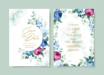 Wedding invitation template set with romantic floral and leaves decoration