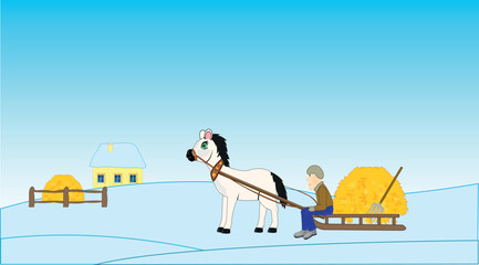 Winter landscape solitary building and men on with san with hay © santa43