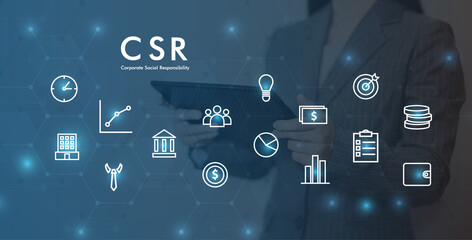 Businesswoman Concept of CSR on dark blue background.Corporate social responsibility and giving back to the community on blue background.modern business concept.