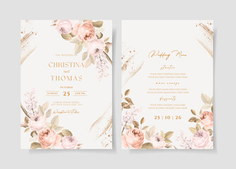 Fototapeta na wymiar Wedding invitation template set with beautiful floral and leaves decoration