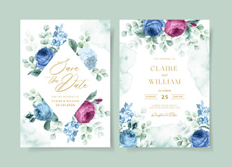 Wedding invitation template set with romantic floral and leaves decoration