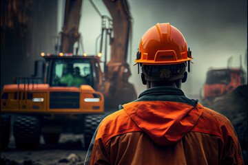 at back of the construction worker head which is wearing the safety helmet. Ai Generative