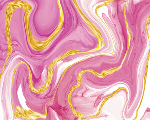 Liquid pink and gold marble design abstract painting background with gold splash texture.