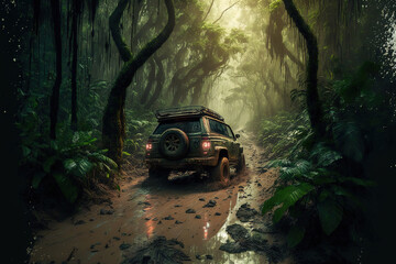 The 4x4 off-road car is stucked on wet muddy terrain route in the forest, an adventure scene. Generative Ai image.